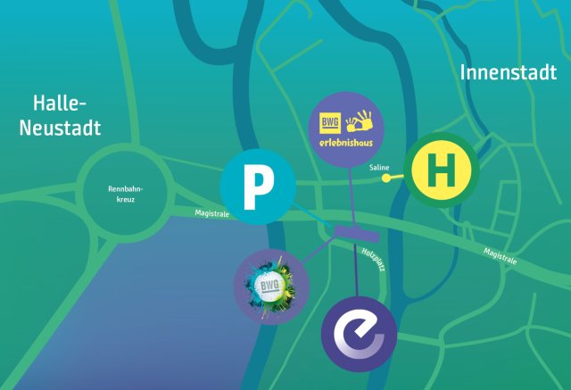 Anfahrtskarte zum BWG Erlebnishaus mit Parkplätzen und E-Ladestation am Holzplatz